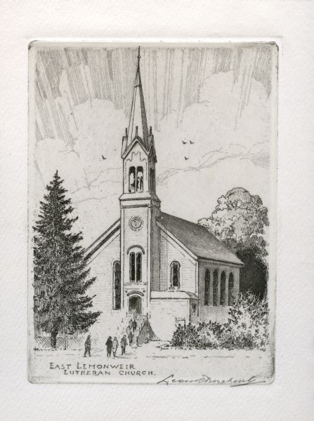 Etching of East Lemonweir Lutheran Church. Etching from a centennial souvenir dated July, 1954. People are walking up the stairs to the church entrance. Caption reads: "East Lemonweir Lutheran Church."