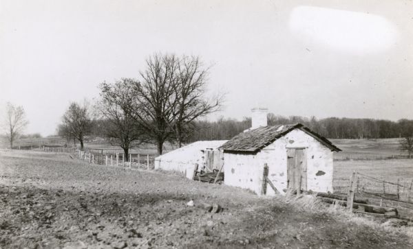 Stone bake house and smoke house at Weiss farm, residence of John Weiss, in the township of Saukville, Ozaukee County, one half mile from County Trunk Hwy Y near Washington County line.
