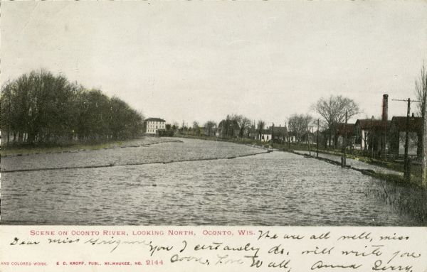 Oconto River, looking north. Caption reads: "Scene on Oconto River, Looking North, Oconto, Wis."