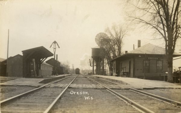 A view of the Chicago and Northwestern Railway depot and tracks.