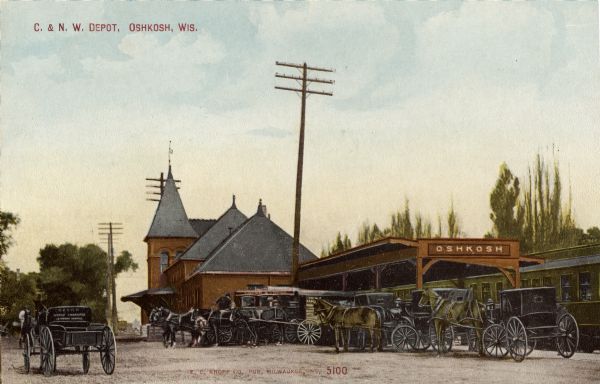 Passenger station of the Chicago and Northwestern Railway. Caption reads: "C. & N. W. Depot, Oshkosh, Wis."