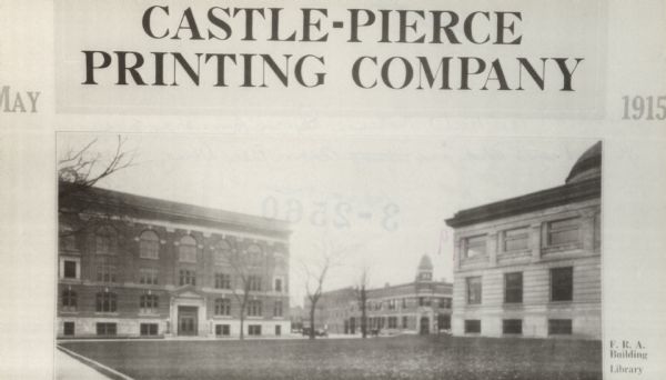 Advertisement reads: "Castle-Pierce Printing Company" and "May 1915". Text on right reads: "F. R. A. Building" and "Library". The image includes a view of the Fraternal Reserve Association Building and the Oshkosh Public Library, located at 46 Washington Boulevard.