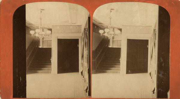 Stereograph of the interior of the Oshkosh Opera House, located on High Street. This opera house was built in 1883 and was renovated in the 1980s.