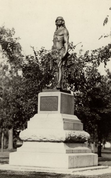 View of the statue dedicated to Chief Oshkosh of the Menominee Tribe. Sculpted by Trentanove. Located in Menominee Park, formerly North Park.