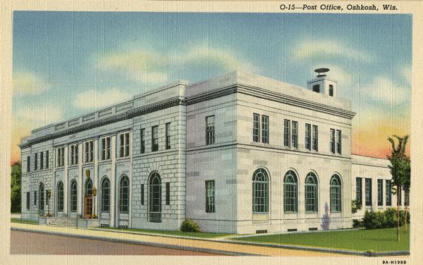 View across street towards the post office. The first post office in Oshkosh was established in the 1840s, and the postmaster was Joseph Jackson. Caption reads: "Post Office, Oshkosh, Wis."