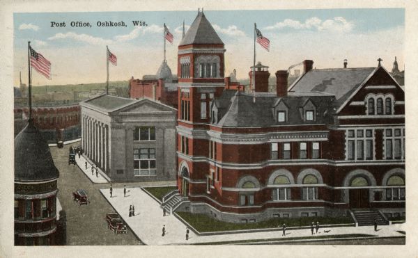 Elevated view of the Post Office. The first post office in Oshkosh was established in the 1840s, and the postmaster was Joseph Jackson. Caption reads: "Post Office, Oshkosh, Wis."