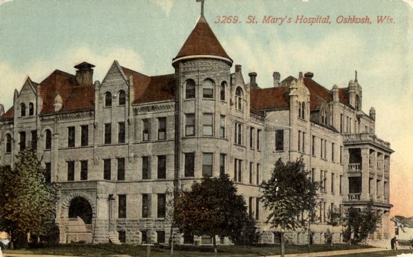 Exterior view of St. Mary's Hospital. Caption reads: "St. Mary's Hospital, Oshkosh, Wis."