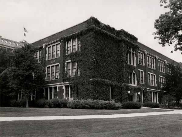 Southwest corner of Dempsy Hall at the University of Wisconsin-Oshkosh.  Dempsy Hall is the oldest building currently on campus, and houses the offices of the Chancellor, Vice Chancellor, and the Provost.