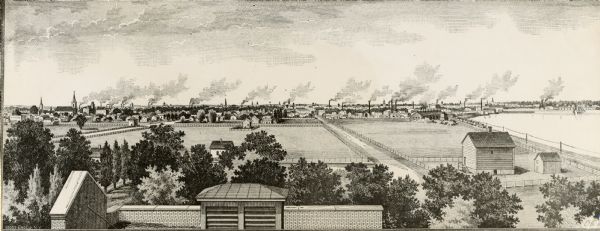 Illustration of an elevated view over rooftops looking towards Oshkosh. There are chimneys along the horizon with smoke rising into the sky. A river is along the right side.