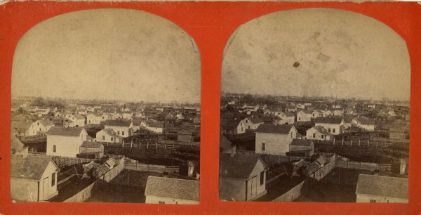 Stereograph of an elevated view of the town.