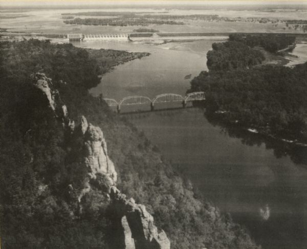 Aerial view of the Highway 21 bridge and Petenwell Dam on the Wisconsin River.