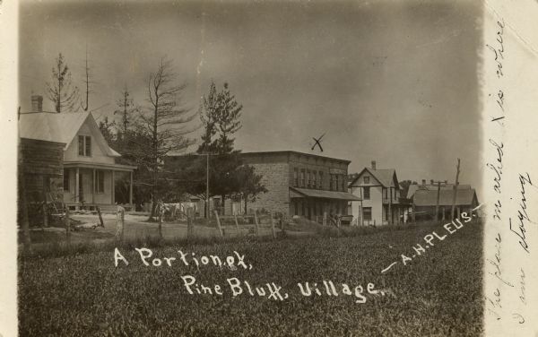 A view from a field towards a row of residences and commercial buildings. Caption reads: "A Portion of Pine Bluff, Village."