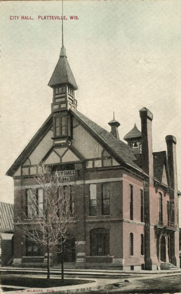 A view of City Hall, erected in 1883. Caption reads: "City Hall, Platteville, Wis."