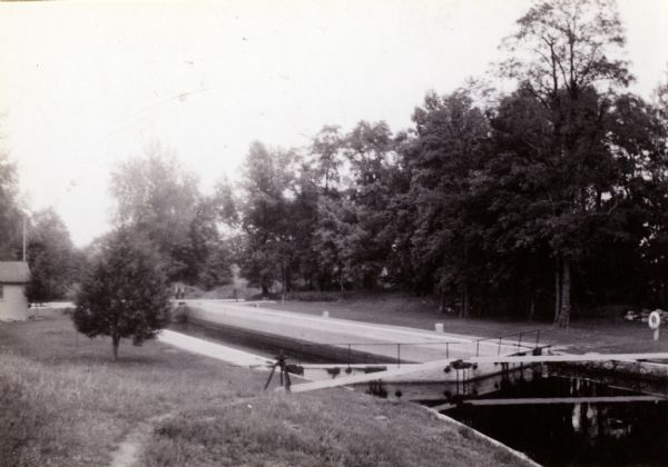 A distant view of the canal locks.