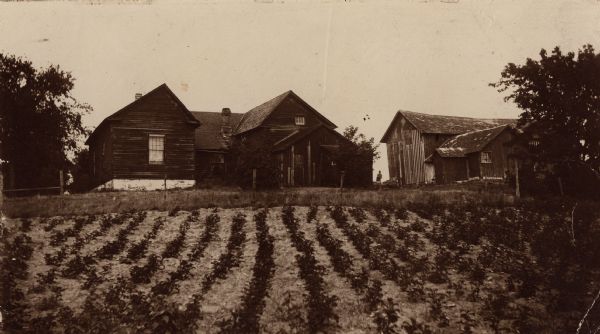 Fort Winnebago surgeon's quarters before restoration. Plans used in the remodeling of 1834 (furnished by the War department) were employed to determine the original placement of partitions, fireplaces, chimneys, stairway, doors, and windows. Much of the original flooring remains, and the original structure members - such as ceiling joists, roof trusses, and beams of hand hewn pine or tamarack - are also in an excellent state of preservation. Note in this photograph that the original log walls are covered by siding, which was removed in the restoration. In addition, the addition seen in this photograph has been removed and the chimneys have been restored. Three fireplaces have been rebuilt on the original foundations to conform to the general plan of the fireplaces of the period. Two of them have been rebuilt with bricks known to have been made at the Armstrong brick kiln (Parquette Park, Portage), which furnished the original bricks for Fort Winnebago.