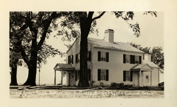 The Indian Agency House near the site of Fort Winnebago. The house was restored and furnished by the Colonial Dames in Wisconsin between 1929-1932 acting under the name of the Old Indian Agency House Association.
