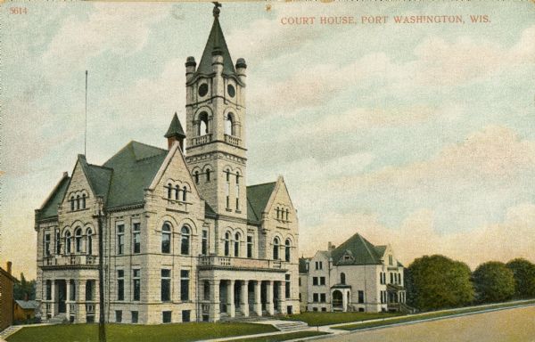 View across road towards the Ozaukee County Court House. Caption reads: "Court House, Port Washington, Wis."