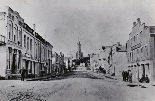A distant view of St. Mary's Church. Looking north from the corner of Main and Franklin Streets.