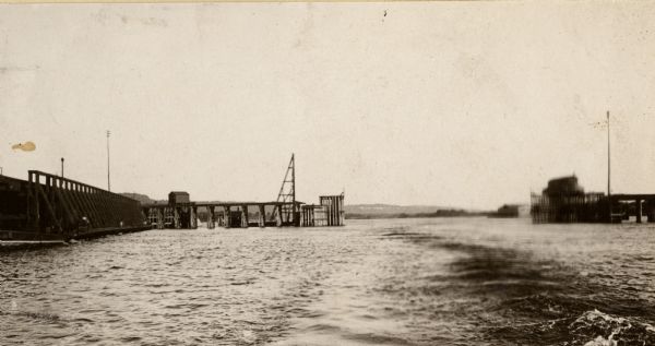 Chicago, Milwaukee, and St. Paul Railroad pontoon bridge between Marquette, Iowa, and Prairie du Chien.