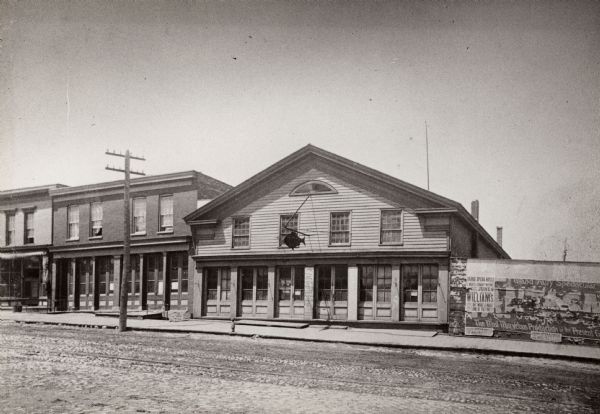 Dousman Warehouse, East Water Street. Originally located on the wharf parallel with the river. Built and used by George and Talbot, brothers of Hercules Dousman, in 1839. They used it until about 1855.