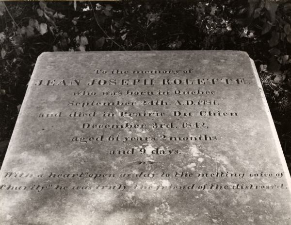Tombstone of Jean Joseph Rolette, first agent of the American Fur Company at this post, in the French Cemetery.