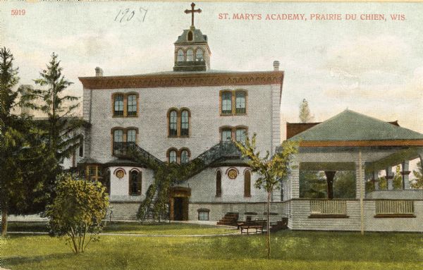 Exterior view of St. Mary's Academy. Caption reads: "St. Mary's Academy, Prairie du Chien, Wis."