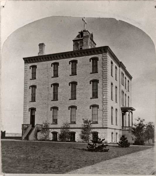 Alleged to be the earliest known view of St. Mary's Institute, which later became St. Mary's College. One-half of a stereograph.