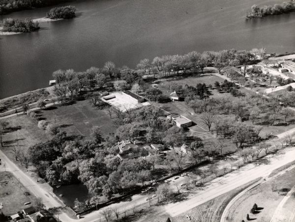 Aerial view of Villa Louis on the Mississippi River, and adjacent buildings.