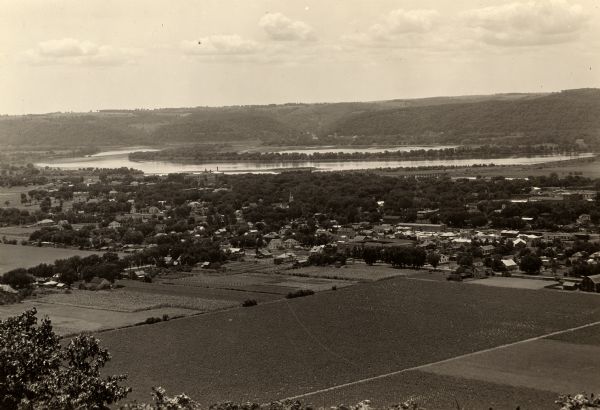 Elevated view from Brisbois Bluff of town, Mississippi River, and hills beyond.