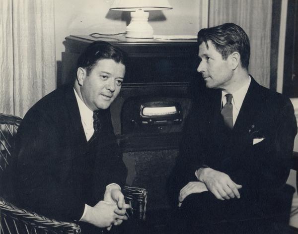 In 1934 the La Follette brothers, the sons of Senator Robert M. La Follette, Sr., broke with the Republican Party and founded the Progressive Party of Wisconsin. This photograph shows them listening to the returns from the first election after the break. The news was good for both brothers: Robert M. La Follette, Jr., was reelected to the U.S. Senate and Philip Fox La Follette was reelected governor of Wisconsin.