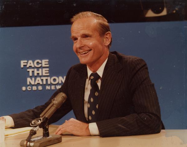 Senator William Proxmire on the set of the CBS news program, "Face the Nation."
