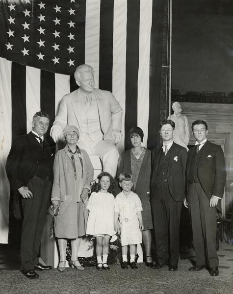 Members of the La Follette family and guests in front of the Robert M. La Follette, Sr., statue in Statuary Hall in the U.S. Capitol at the time of its unveiling. The La Follette statue was by sculptor Joe Davidson, who also sculpted a bust of La Follette from life.
