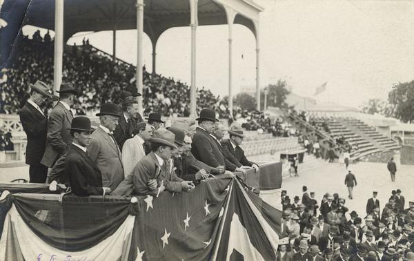 President William Howard Taft at the Wisconsin State Fair (front row, in the dark bowler hat) in 1909.  Senator Robert M. La Follette, Sr., (in the back row without a hat), is among the men in the President's box.  La Follette became increasingly disenchanted with Taft, and in 1912 he opposed the incumbent President in a fight for the Republican nomination.  La Follette was unsuccessful when former President Theodore Roosevelt entered the race and attracted many of La Follette's Progressive supporters.