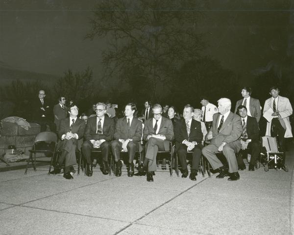 Members of the Wisconsin congressional delegation at the lighting of the U.S. Capitol Christmas tree, with Speaker of the House Tip O'Neal. Left to right, they are: Representatives David Obey, Robert Kastenmeier, Robert Petri, Senator William Proxmire, and Represenative Clement Zablocki. The annual Capitol Christmas tree was often grown in Wisconsin.