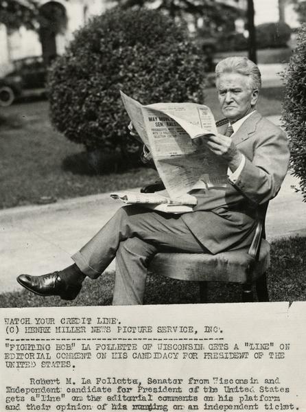 Publicity photograph of Robert M. La Follette, Sr., for his independent, third-party candidacy for the Presidency in 1924. La Follette is outdoors reading, while sitting on an living room chair.