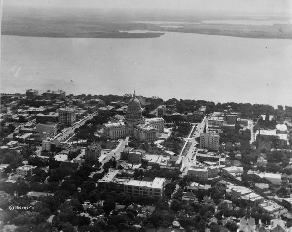 Aerial view of the Wisconsin State Capitol and Lake Monona.