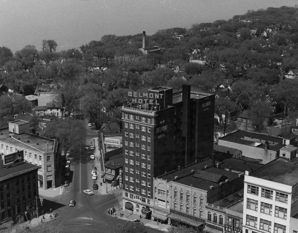 Aerial view of the north corner of Capitol Square looking toward Lake Mendota. The Belmont Hotel is featured prominently.