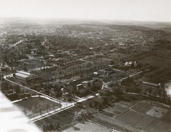 Aerial view looking southwest over the University of Wisconsin-Madison Stock Pavilion barns.