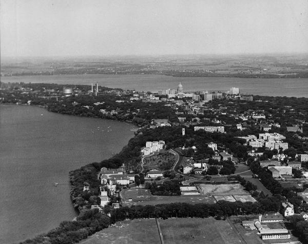 Aerial view looking east over the center of the city and the University of Wisconsin-Madison campus.