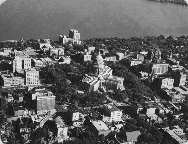 Aerial view of the Wisconsin State Capitol and surrounding area looking south southeast towards Lake Monona.