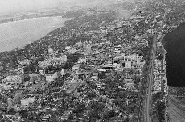 An air view of Madison's downtown area with the Wisconsin State Capitol and new State Office Buildings.