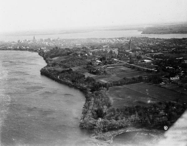 Aerial view of Madison's Willow Beach towards the University of Wisconsin-Madison campus, downtown Madison, and Lake Monona.