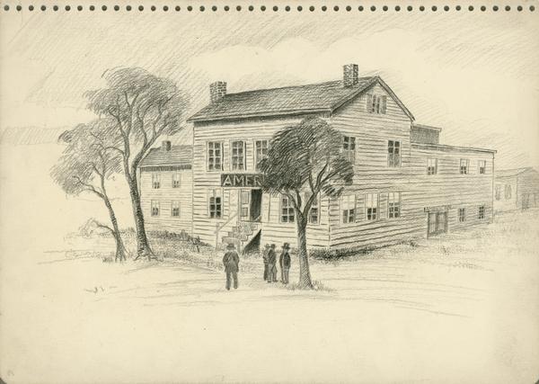 A drawing of the American House, 1 North Pinckney Street. It burned down in a fire in 1868.