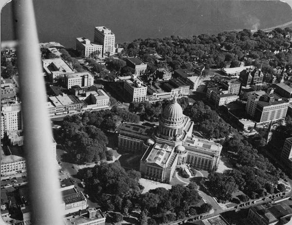Aerial view over the Wisconsin State Capitol looking south south-east.