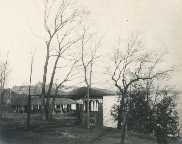 A Lake Mendota boathouse, designed by Frank Lloyd Wright and built at the foot of North Carroll Street in 1893.