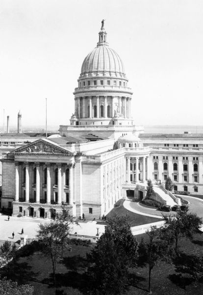 Elevated view of the Wisconsin State Capitol looking northeast from the rooftop of a building on the first block of North Carroll Street on the Capitol Square.