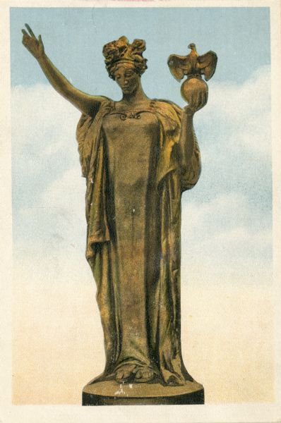 The gilded bronze statue "Wisconsin", by Daniel Chester French, on top of the dome of the fourth Wisconsin State Capitol building.