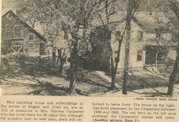 Newspaper clipping with a photograph of the residence of Mrs. Theresa Carpenter at the corner of Regent and Allen Streets.