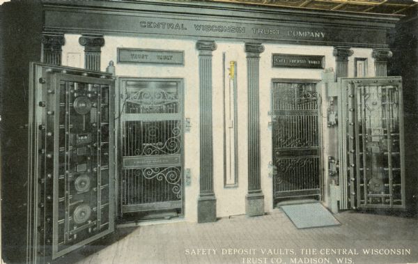 Colorized image of Central Wisconsin Trust Company safety deposit vaults. Caption reads: "Safety Deposit Valuts, The Central Wisconsin Trust Co., Madison Wis."