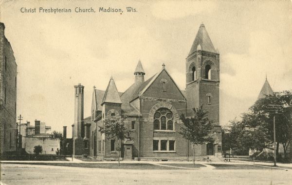 Exterior view of the church. Caption reads: "Christ Presbyterian Church, Madison, Wis."
